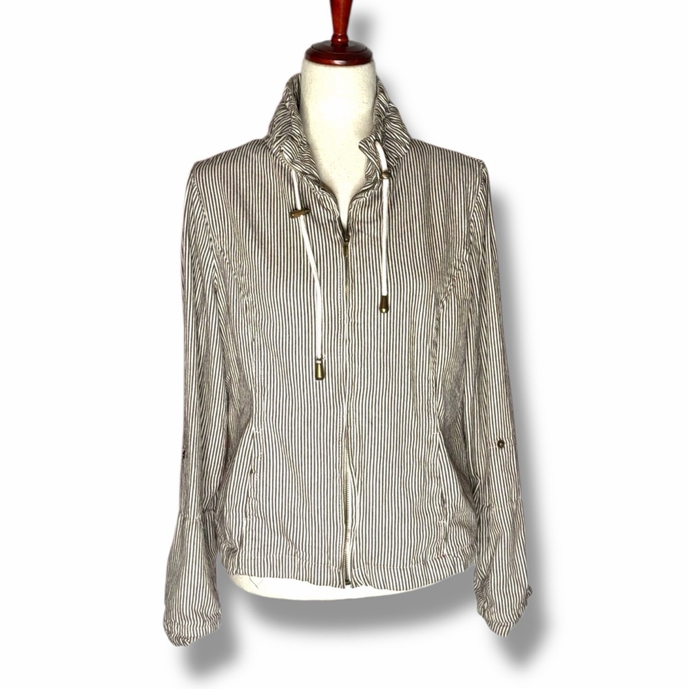 LAL Live A Little Brown & Cream Stripe Cotton Blend Zip Lightweight Jacket